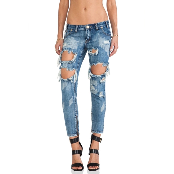 One Teaspoon Jeans Trashed Free Birds  Low Rise Medium Blue Ripped - Picture 1 of 6